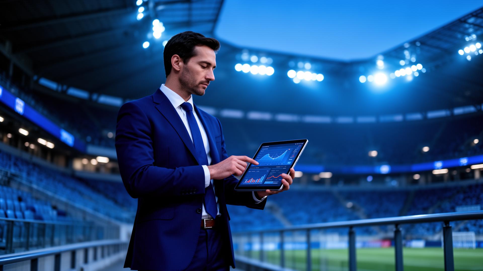 Sports business professional analyzing data inside a modern stadium